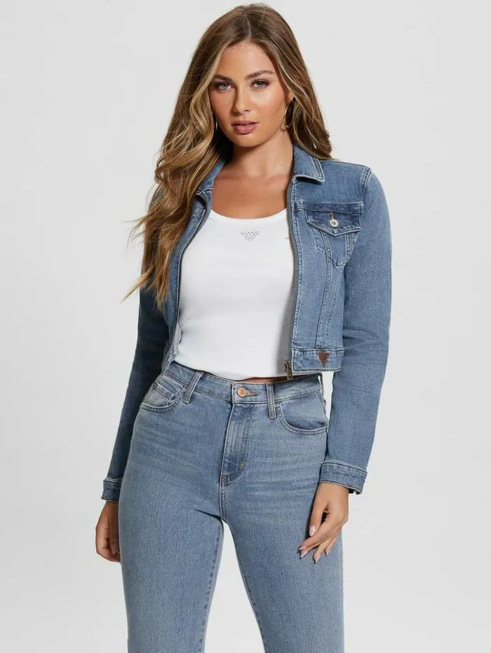 Women GUESS Jeans and Denim Sexy Crop Denim Jacket Boca Blue