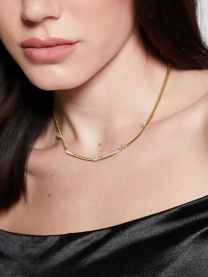 Women GUESS Jewelry 14K GoldPlated Baguette Snake Chain Necklace Gold