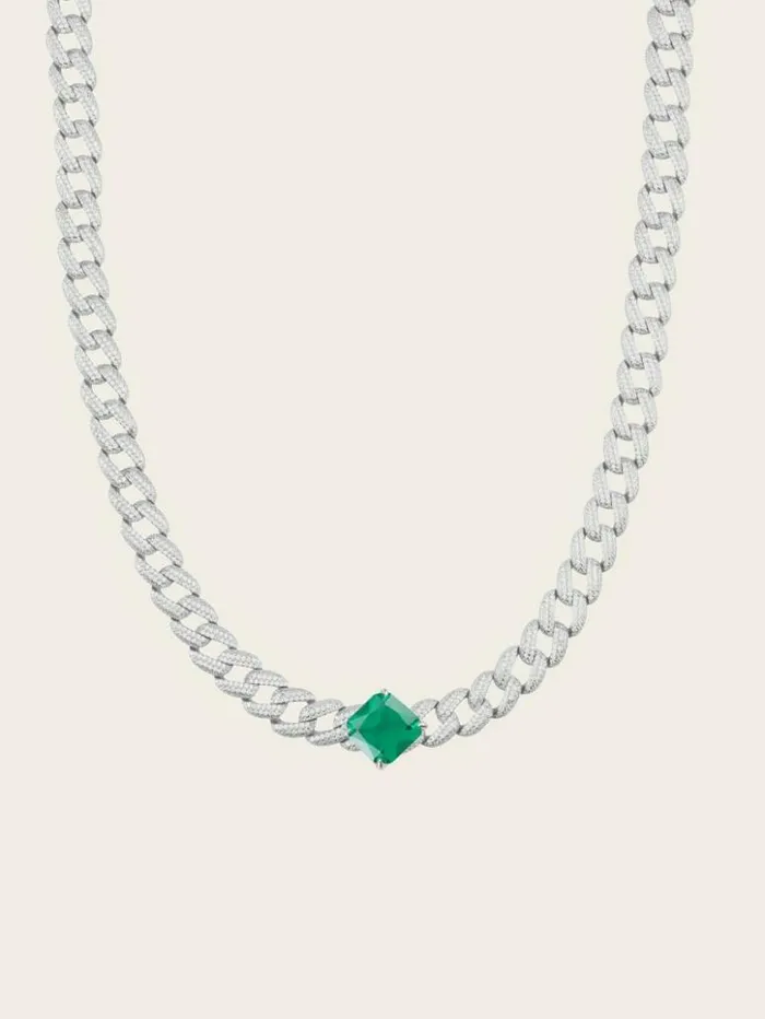 Women GUESS Jewelry Emerald And RhodiumPlated Pav Curb Necklace Rh