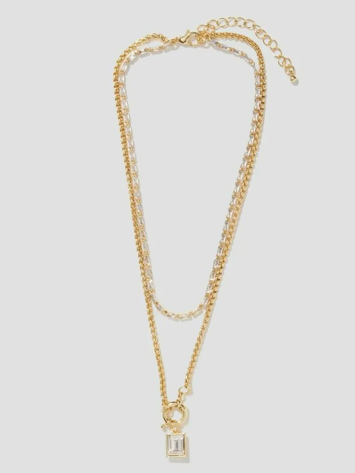 Women GUESS Jewelry GoldTone Emerald Pendant Layered Necklace Gold