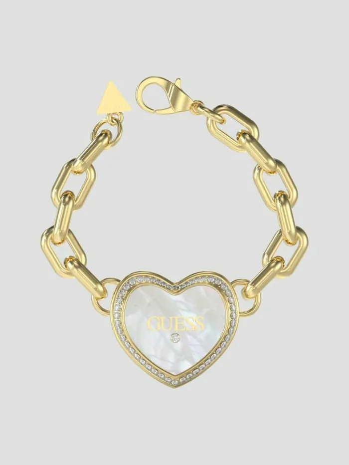 Women GUESS Jewelry GoldTone Pearl Heart Bracelet Yellow Goldwhite