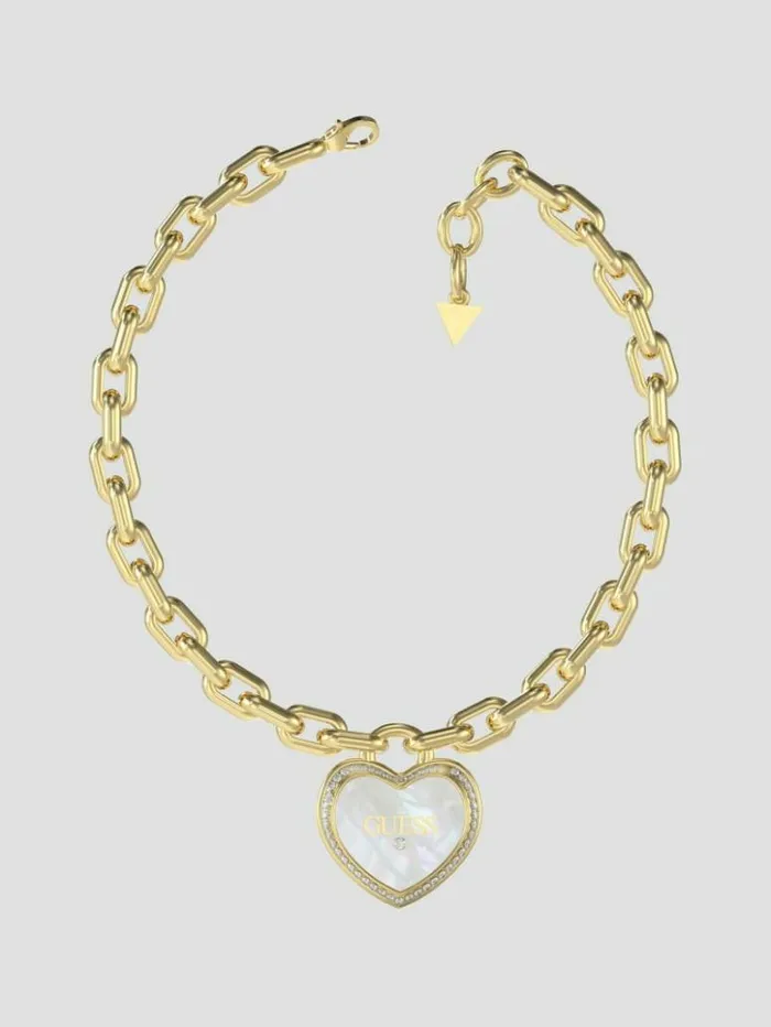 Women GUESS Jewelry GoldTone Pearl Heart Necklace Yellow Goldwhite