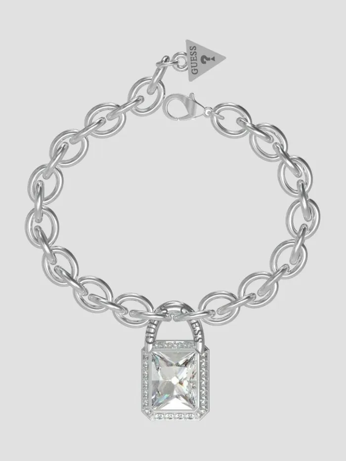 Women GUESS Jewelry SilverTone Crystal Padlock Bracelet Rh