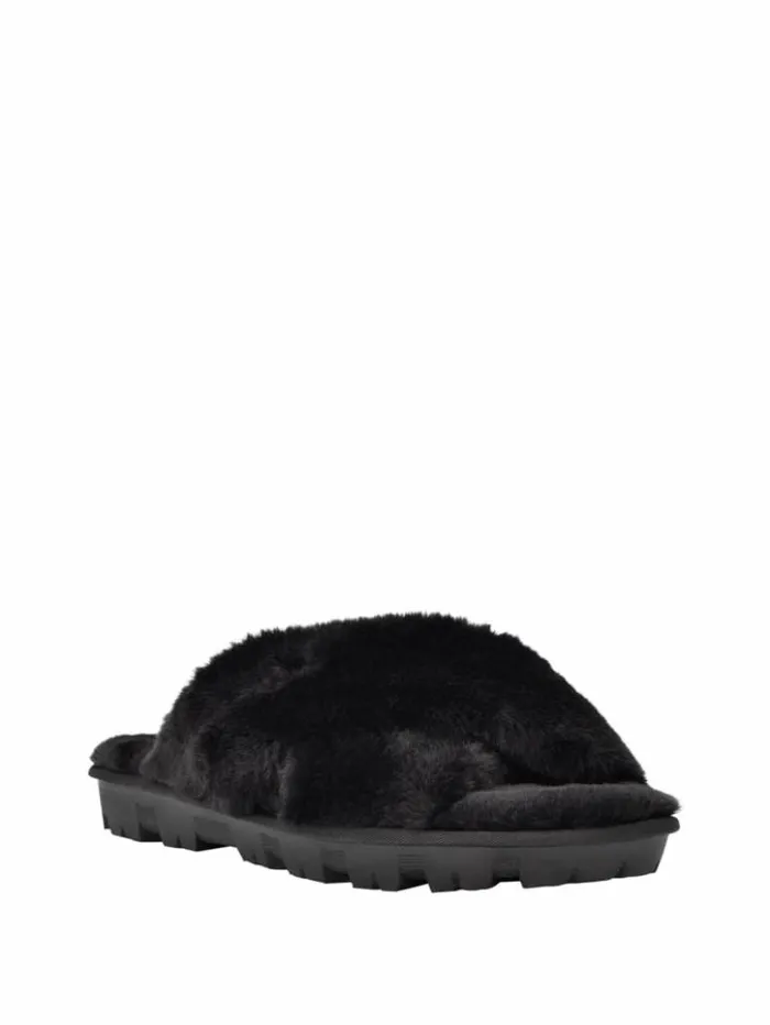 Women GUESS Sandals Crisscross Fur Slipper Black Fabric