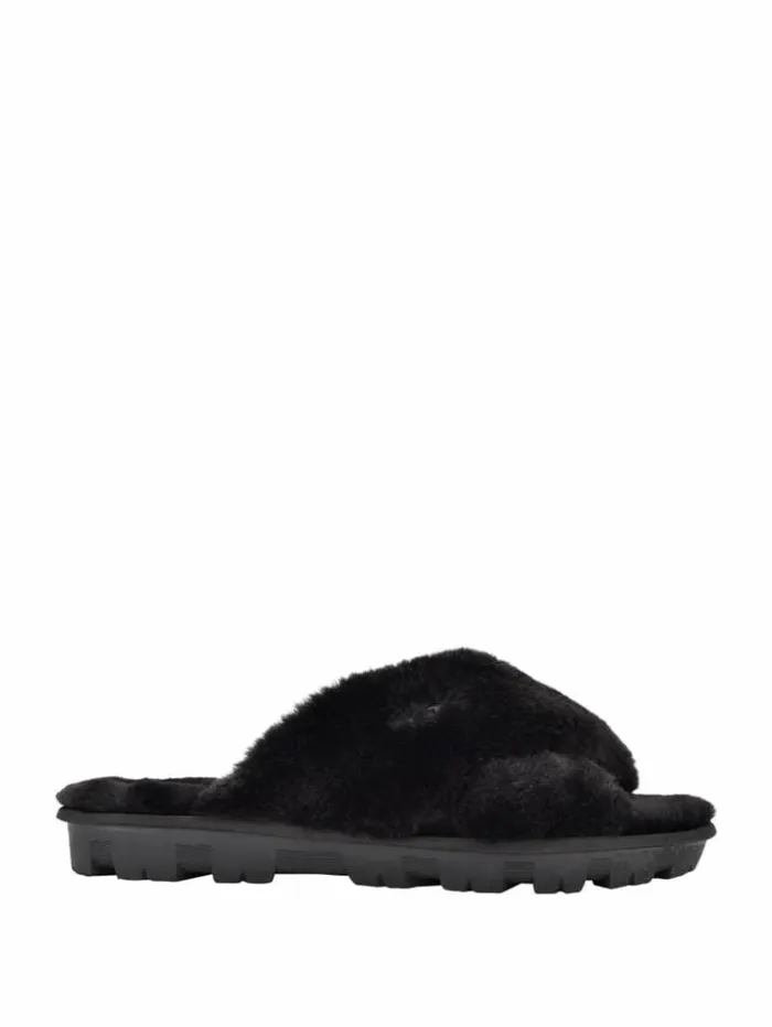 Women GUESS Sandals Crisscross Fur Slipper Black Fabric
