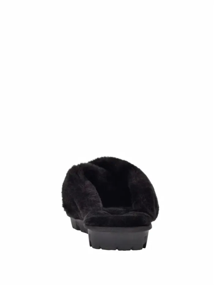 Women GUESS Sandals Crisscross Fur Slipper Black Fabric