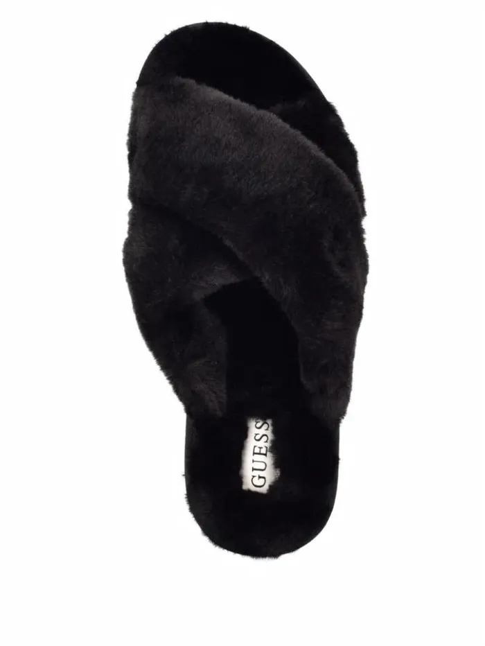 Women GUESS Sandals Crisscross Fur Slipper Black Fabric