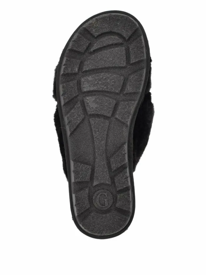 Women GUESS Sandals Crisscross Fur Slipper Black Fabric