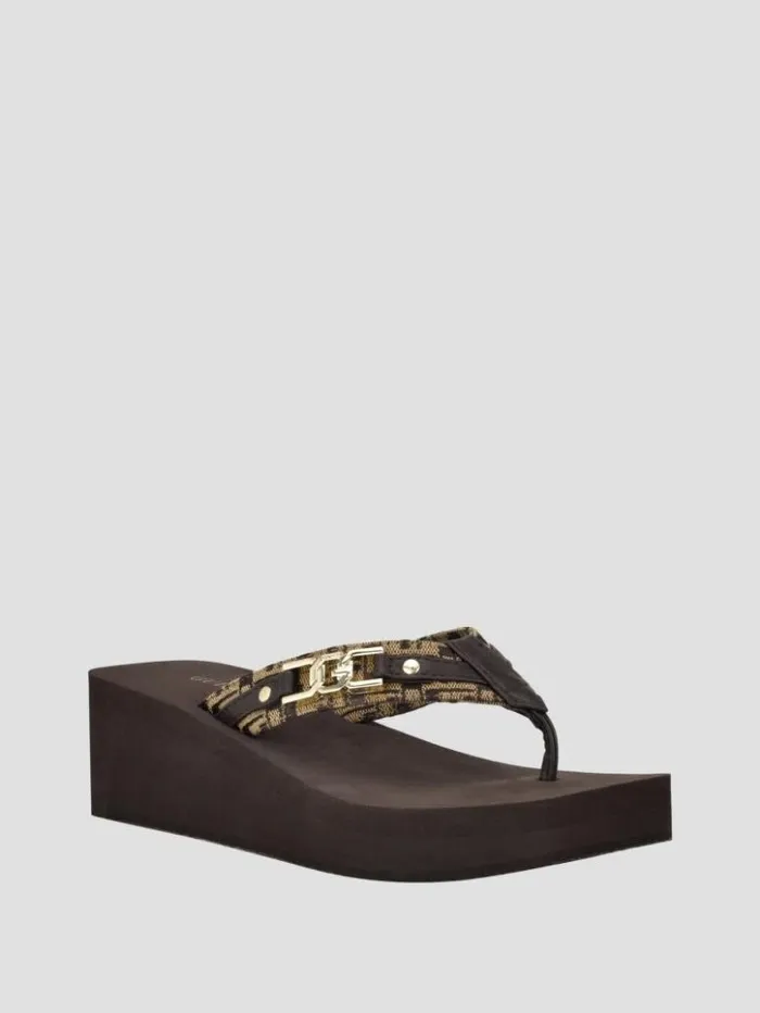 Women GUESS Sandals Ediva Wedge FlipFlops Medium Brown