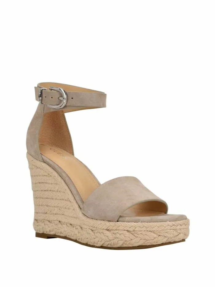 Women GUESS Sandals Hidy Suede Espadrille Wedges Taupe