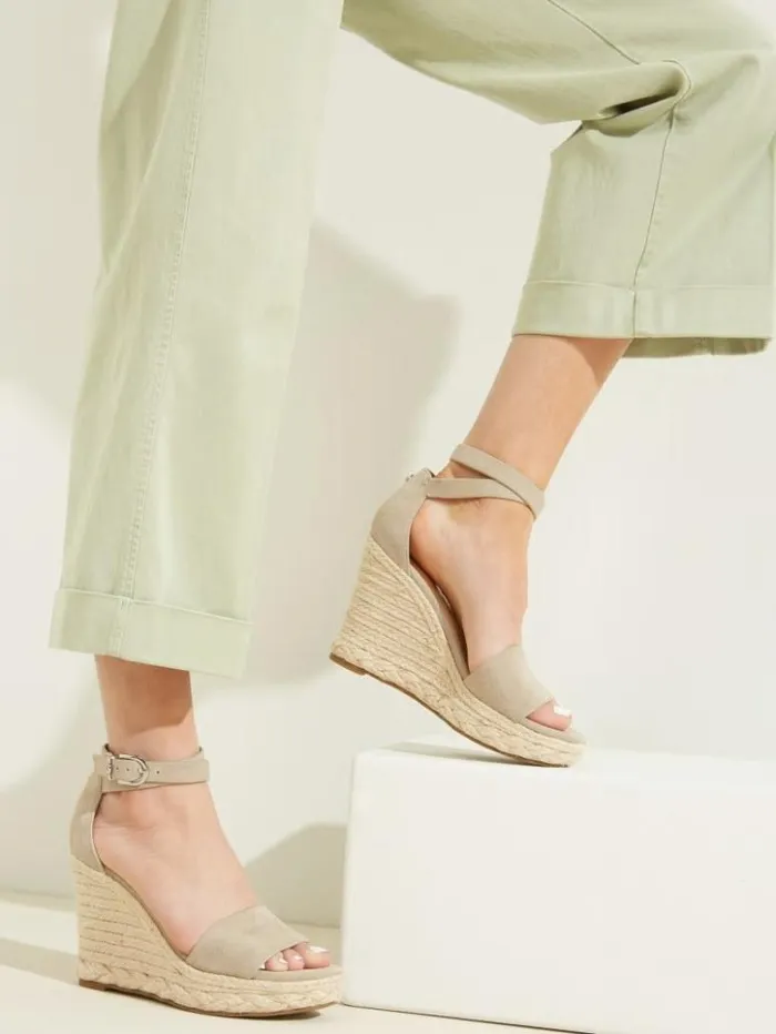 Women GUESS Sandals Hidy Suede Espadrille Wedges Taupe