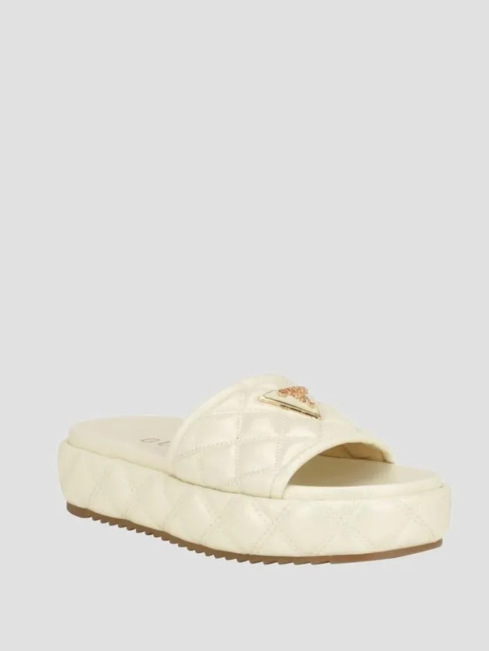 Women GUESS Sandals Longo Quilted Flatform Slides Ivory 150