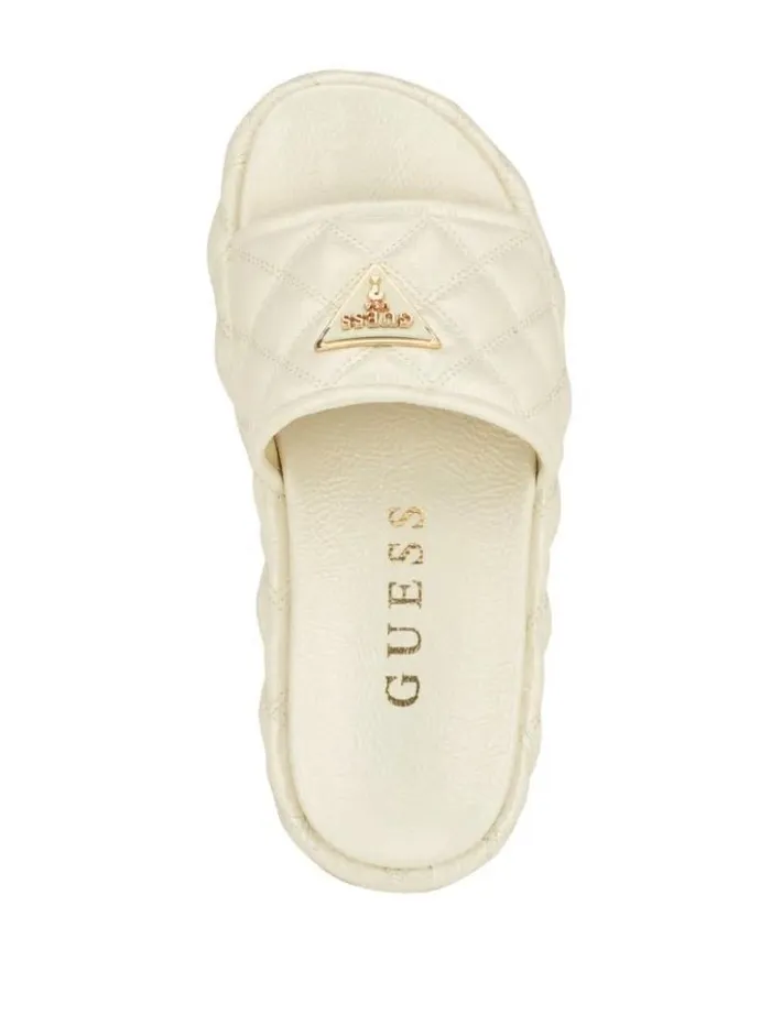 Women GUESS Sandals Longo Quilted Flatform Slides Ivory 150