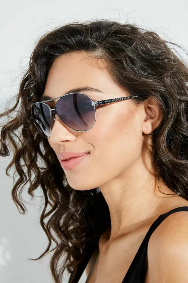 Women GUESS Sunglasses Catherine Rhinestone Aviator Sunglasses Beat Up Wash