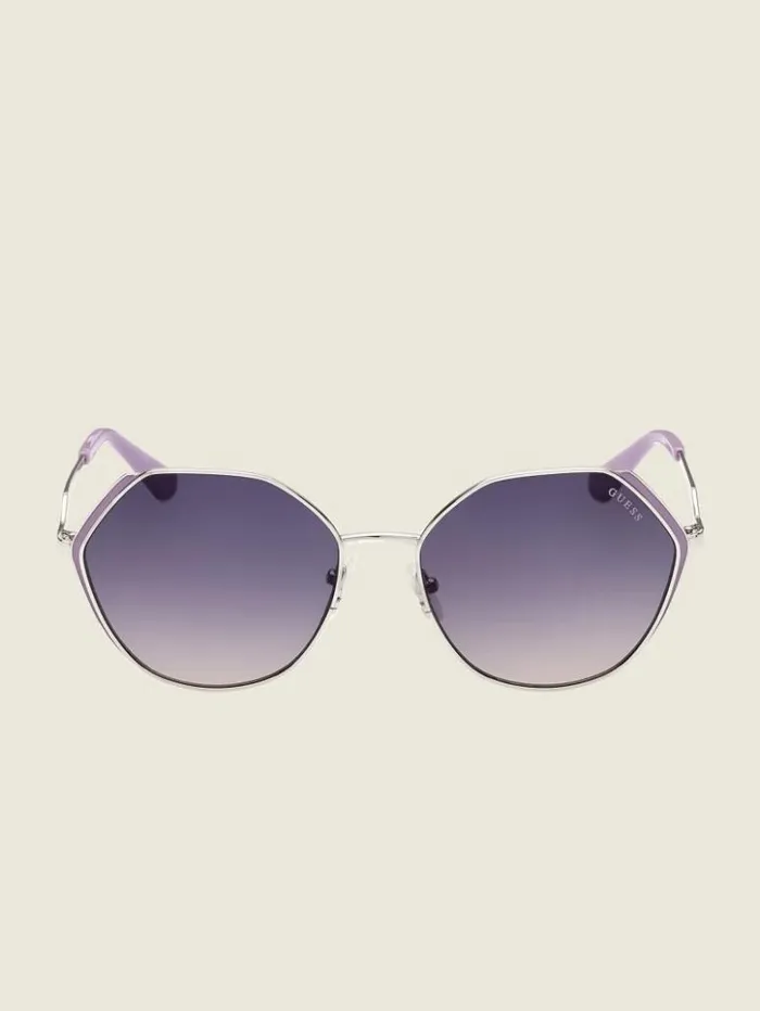 Women GUESS Sunglasses Colored Temple Geometric Sunglasses Whtsilver