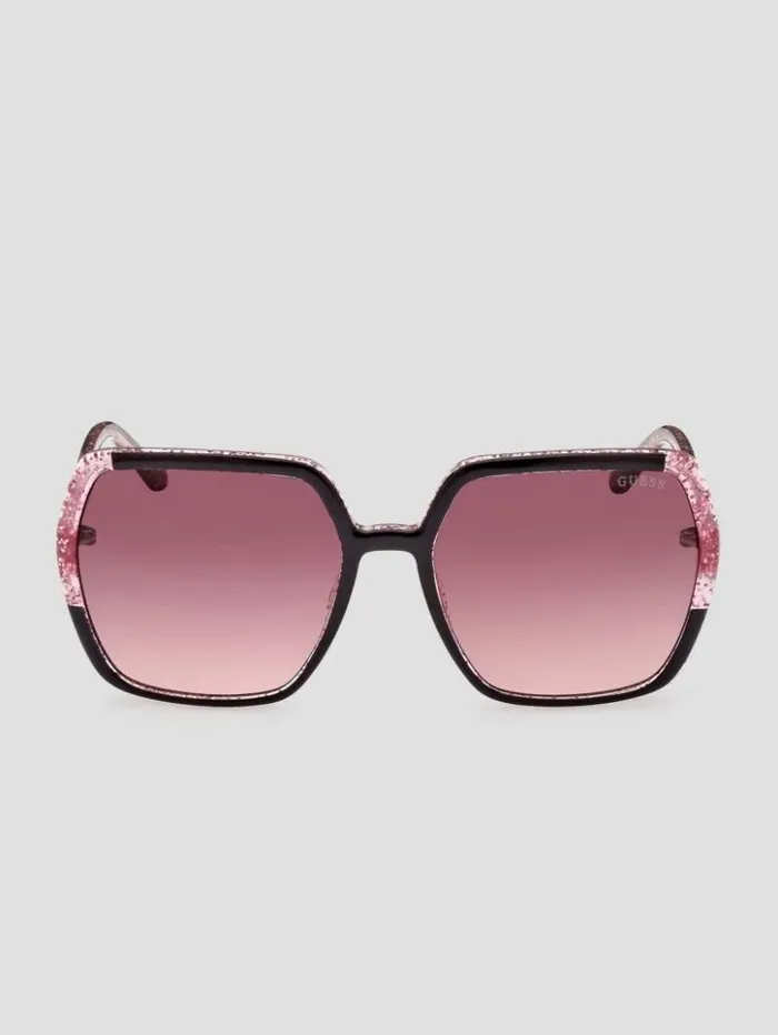 Women GUESS Sunglasses Glitter Square Plastic Sunglasses Black