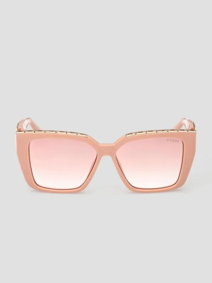 Women GUESS Sunglasses Oversized Square G Chain Sunglasses Shiny Pink Bordeaux Mir