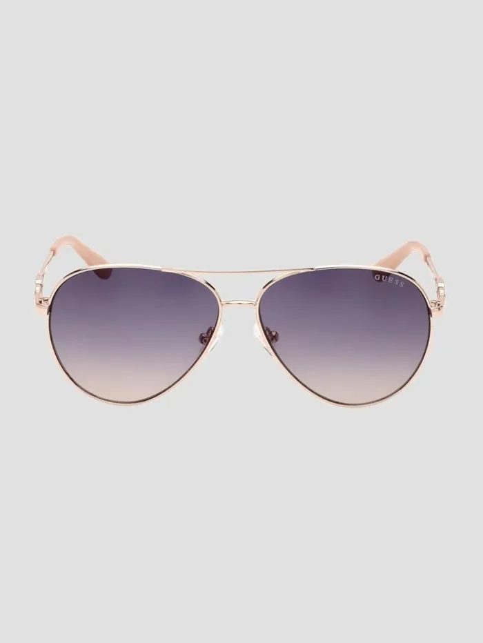 Women GUESS Sunglasses Square G Link Metal Aviator Sunglasses Shiny Rose Goldgradient