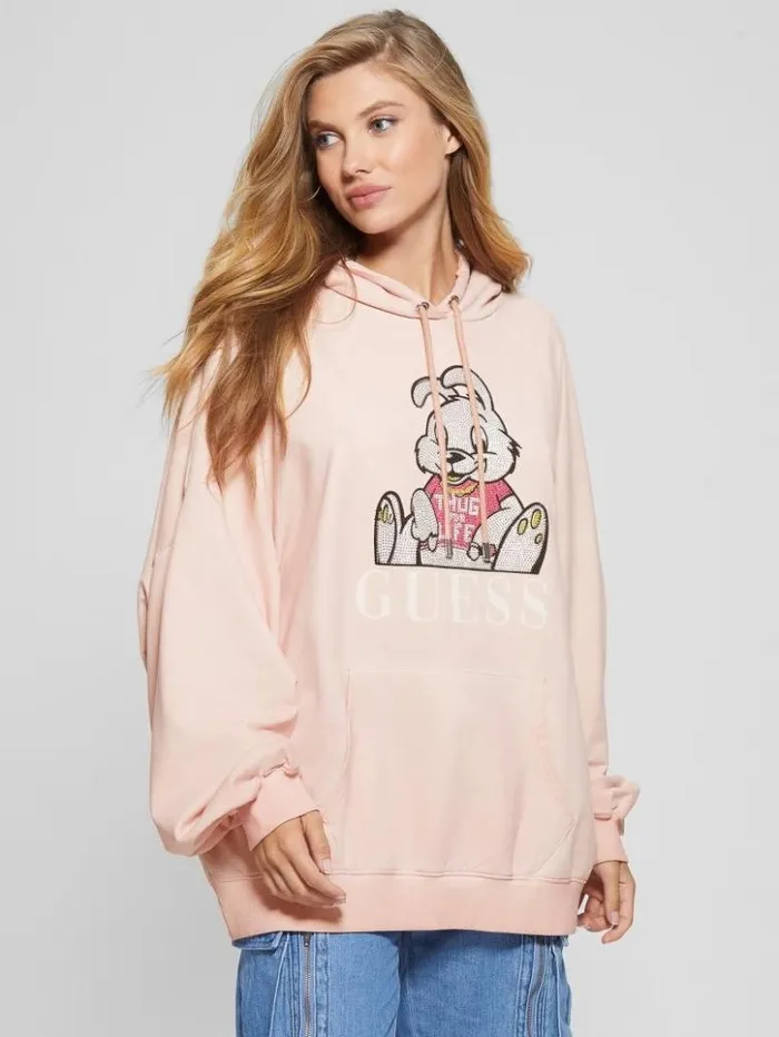 Women GUESS Sweaters and Knits Rhinestone Bunny Graphic Hoodie Smooth Pink Multi Women GUESS Sweaters and Knits Rhinestone Bunny Graphic Hoodie Smooth Pink Multi