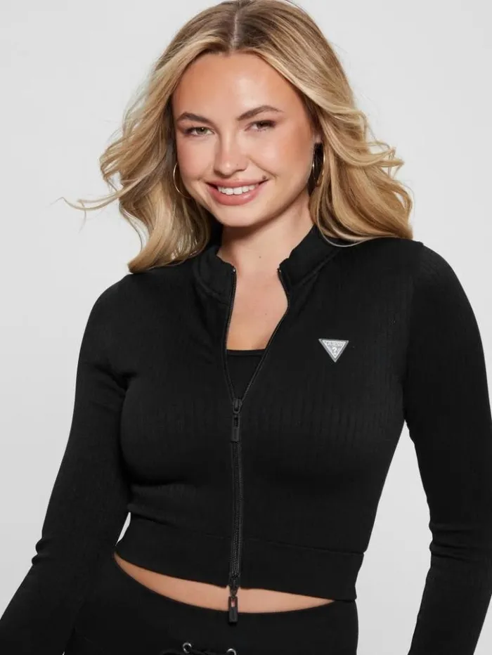 Women GUESS Sweaters and Knits Seamless Ribbed Zip Active Top Black