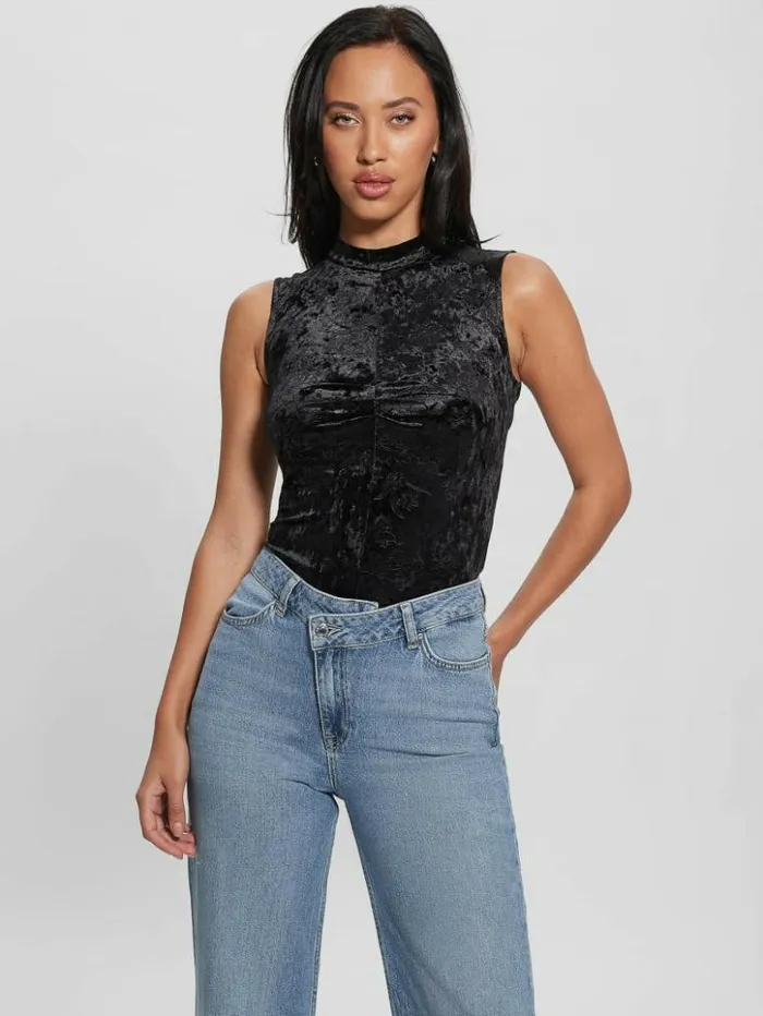 Women GUESS Tops Aida Floral Velvet Bodysuit Black
