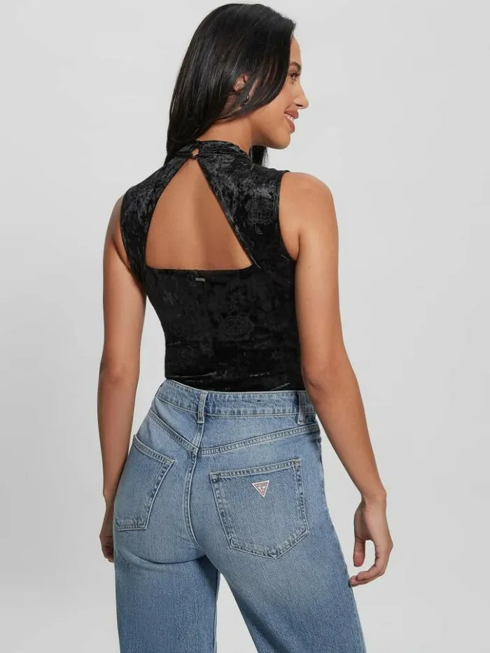 Women GUESS Tops Aida Floral Velvet Bodysuit Black