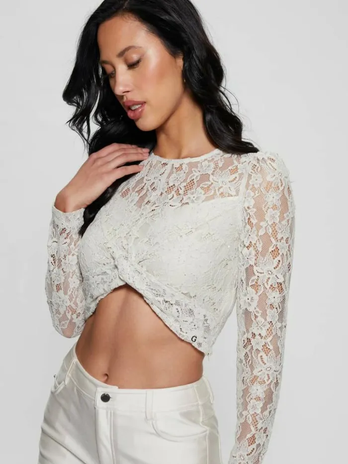 Women GUESS Tops Ariel Lace Top Pearl Oyster Multi