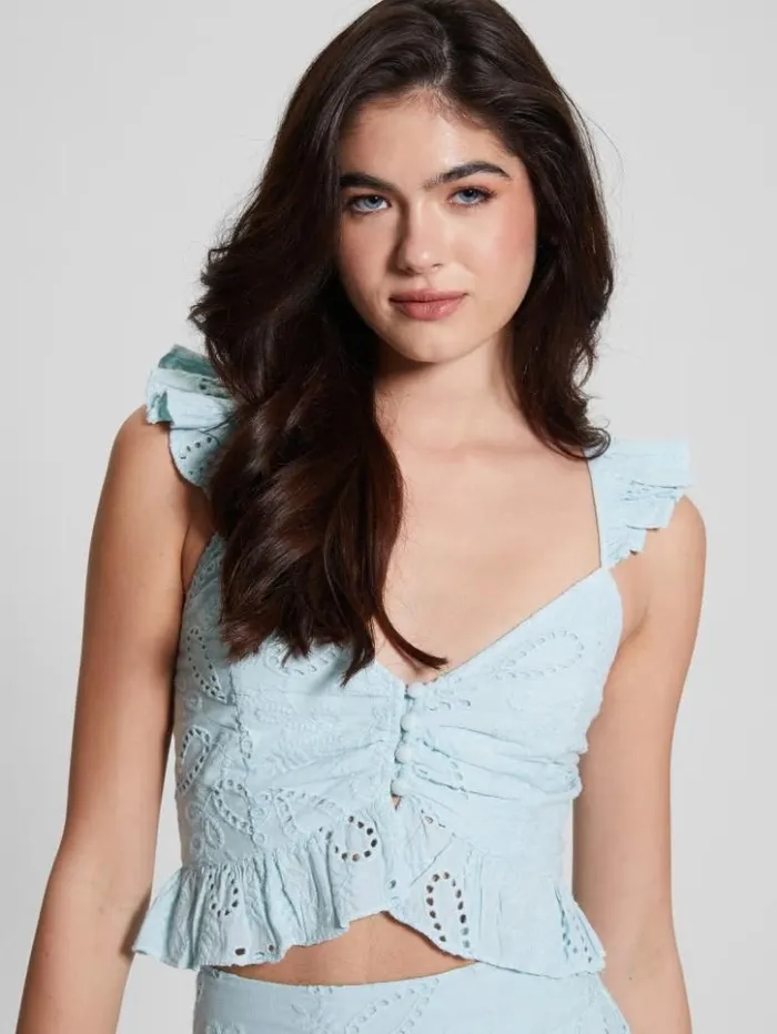 Women GUESS Tops Arielle Eyelet Top Whimsical Blue Multi