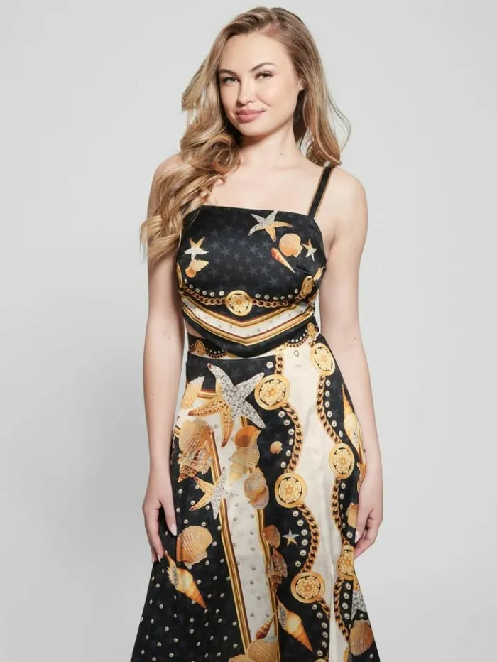 Women GUESS Tops Bassma Satin Crop Scarf Top Black Shell Print