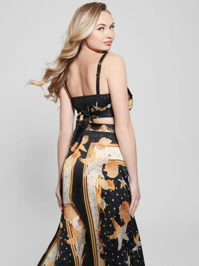 Women GUESS Tops Bassma Satin Crop Scarf Top Black Shell Print