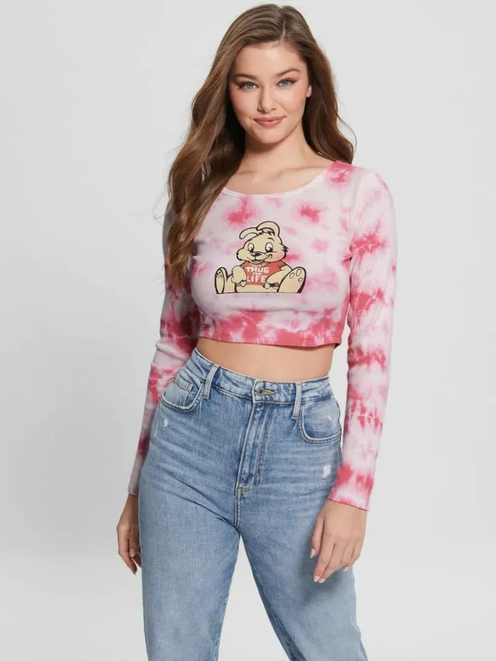 Women GUESS Tops Bunny Graphic TieDye Top Morning Pink Multi