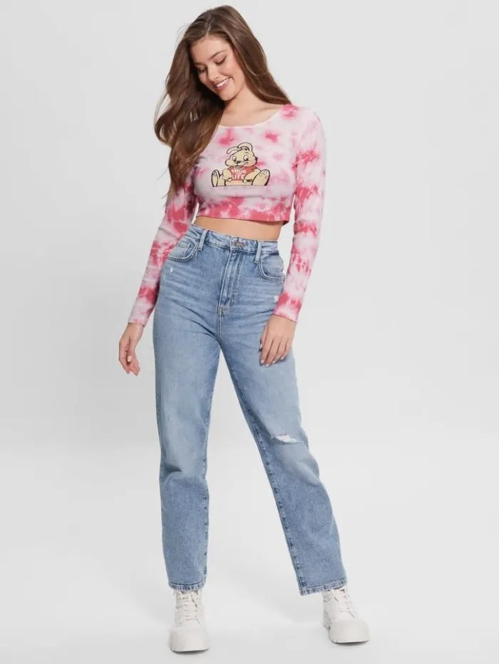 Women GUESS Tops Bunny Graphic TieDye Top Morning Pink Multi
