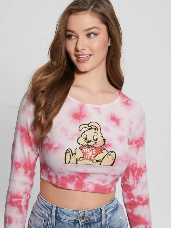 Women GUESS Tops Bunny Graphic TieDye Top Morning Pink Multi