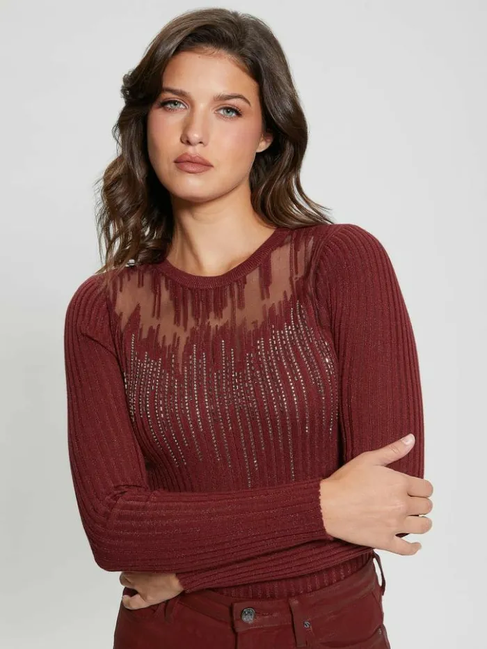 Women GUESS Tops Claudine Embellished Sweater Tahiti Red