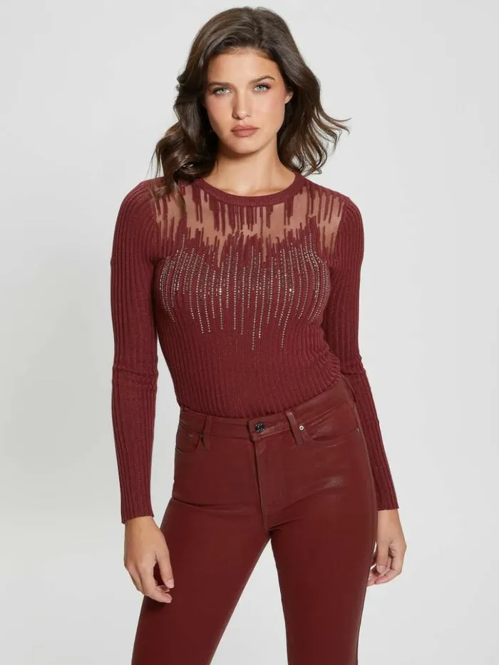 Women GUESS Tops Claudine Embellished Sweater Tahiti Red