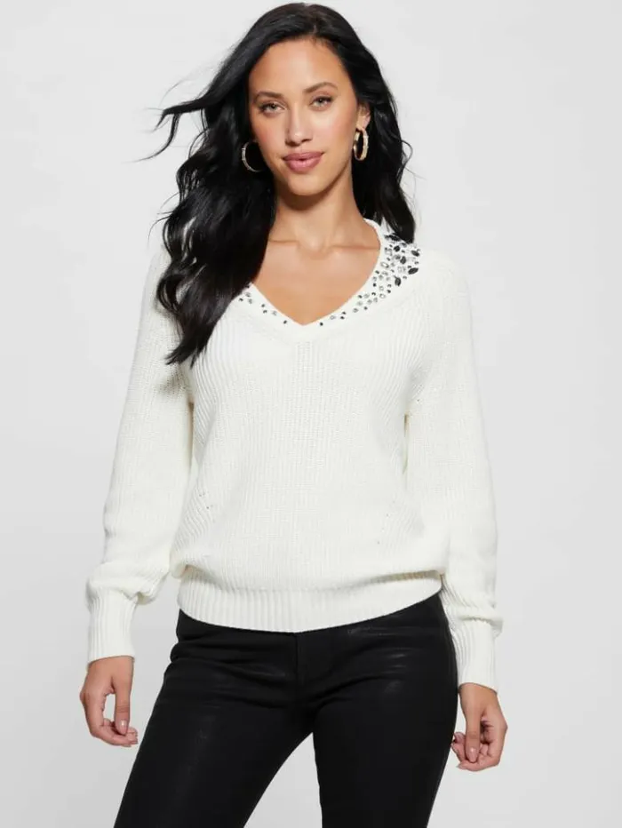 Women GUESS Tops Davina Embellished Sweater Cream White