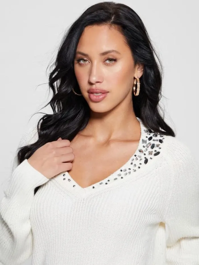 Women GUESS Tops Davina Embellished Sweater Cream White