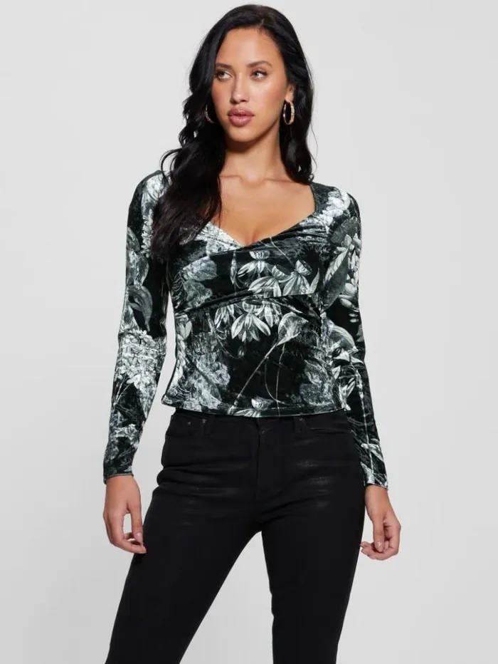 Women GUESS Tops Dianna Velvet Top Phantom Flora Print Black