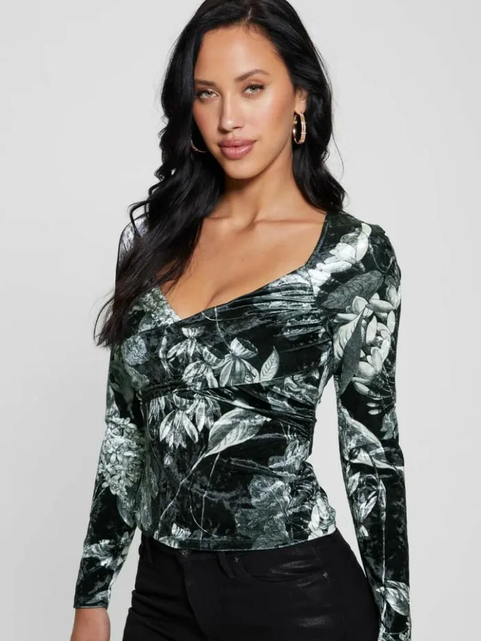 Women GUESS Tops Dianna Velvet Top Phantom Flora Print Black