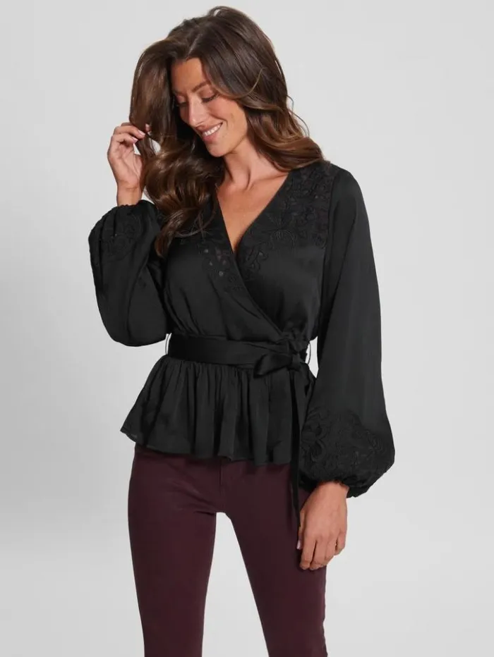 Women GUESS Tops Eco Adora Wrap Top Black