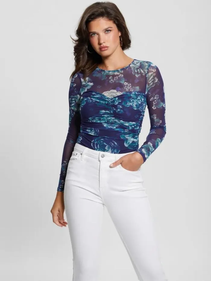 Women GUESS Tops Eco Brianne Mesh Bodysuit Full Moon Blooms Print