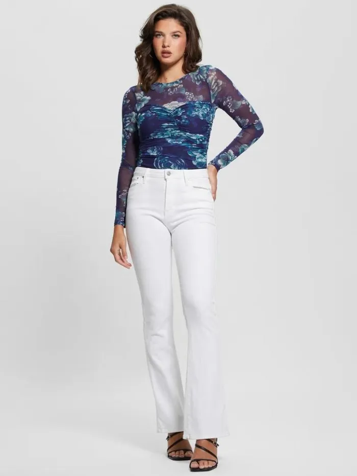 Women GUESS Tops Eco Brianne Mesh Bodysuit Full Moon Blooms Print