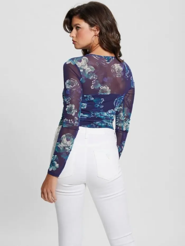 Women GUESS Tops Eco Brianne Mesh Bodysuit Full Moon Blooms Print
