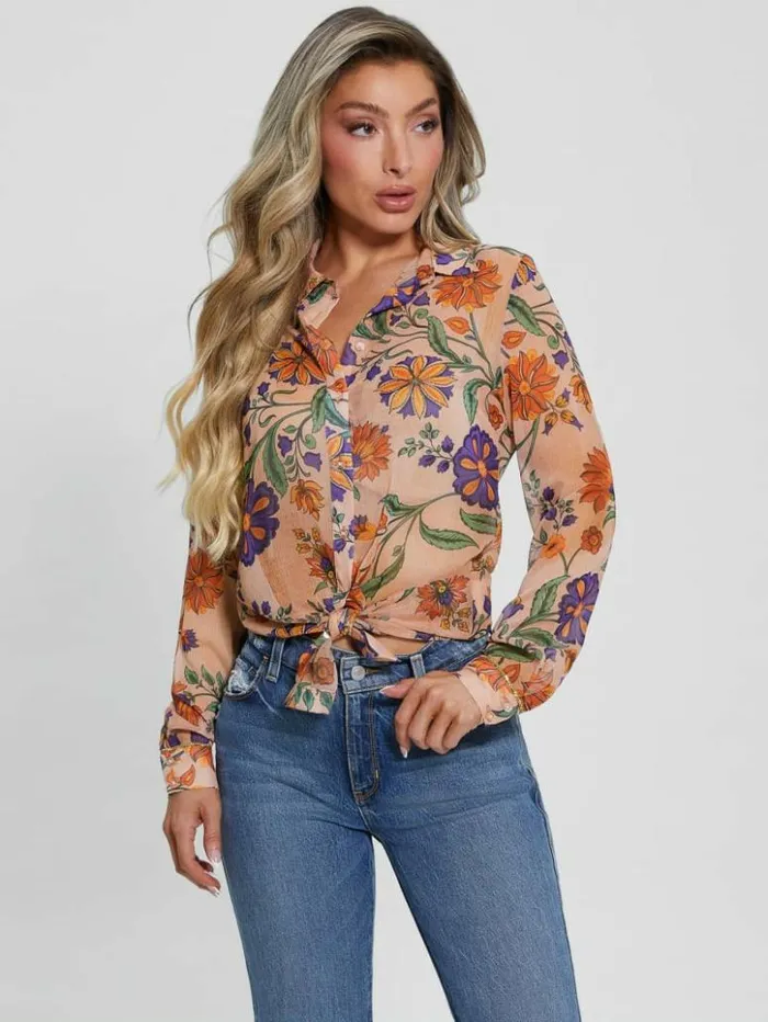Women GUESS Tops Eco Clouis Chiffon Shirt Free Spirit Floral Print