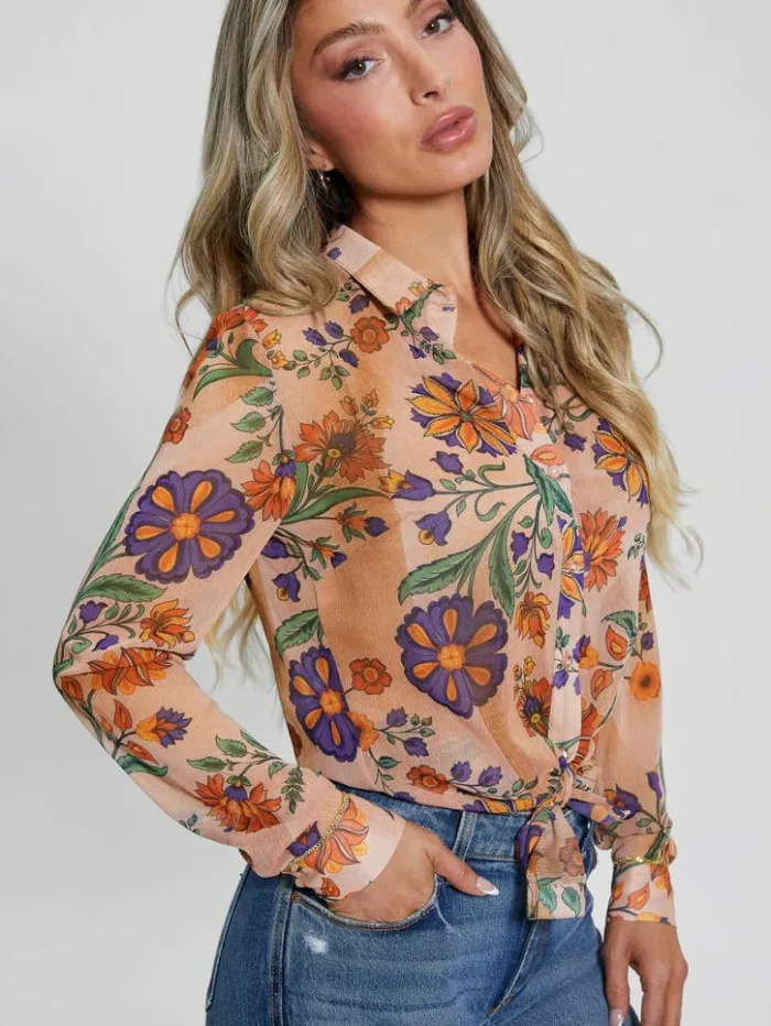 Women GUESS Tops Eco Clouis Chiffon Shirt Free Spirit Floral Print
