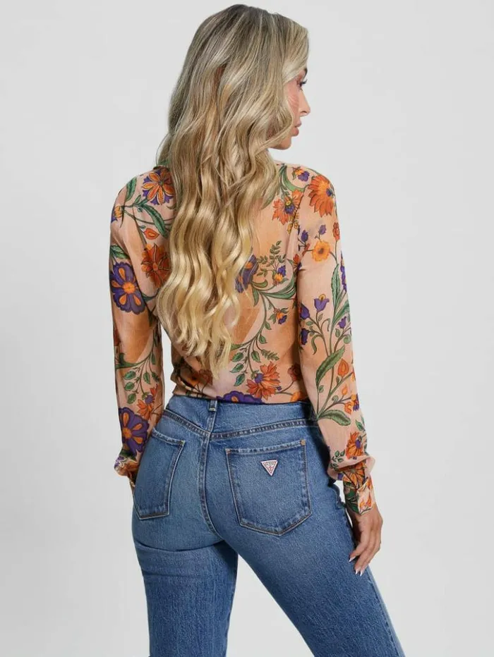 Women GUESS Tops Eco Clouis Chiffon Shirt Free Spirit Floral Print
