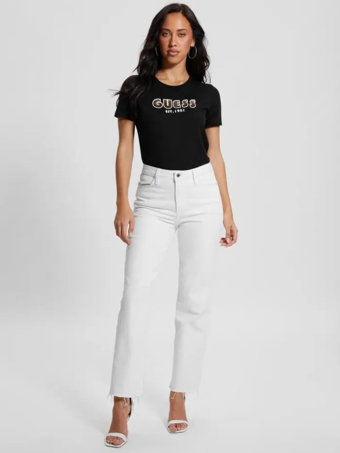 Women GUESS Tops Eco Crewneck Rhinestone Logo Tee Black