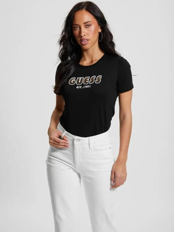 Women GUESS Tops Eco Crewneck Rhinestone Logo Tee Black
