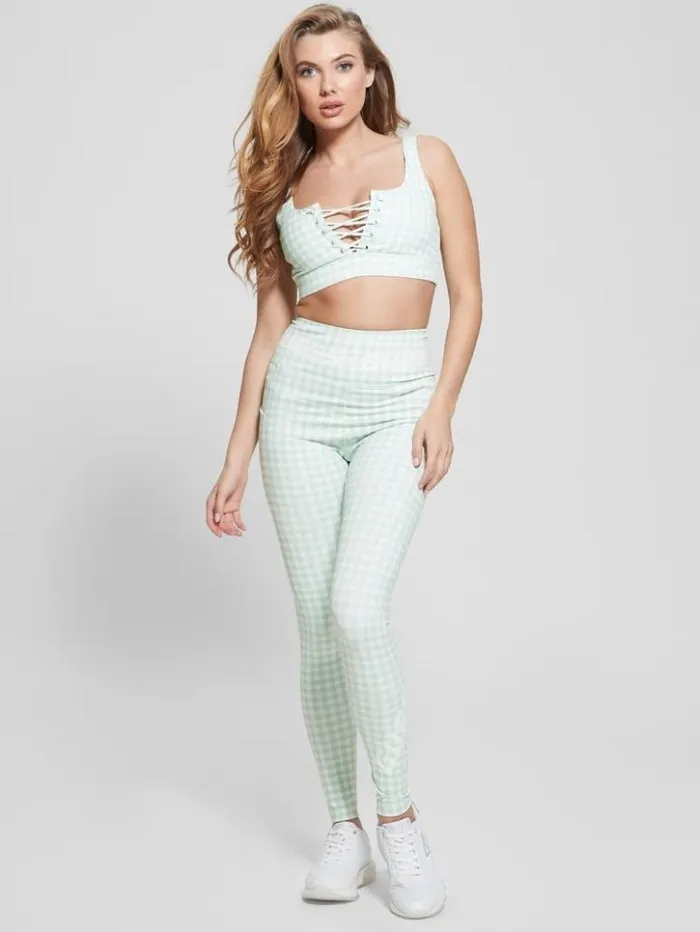Women GUESS Tops Eco Davin Printed Active Bra Aqua And White Vichy