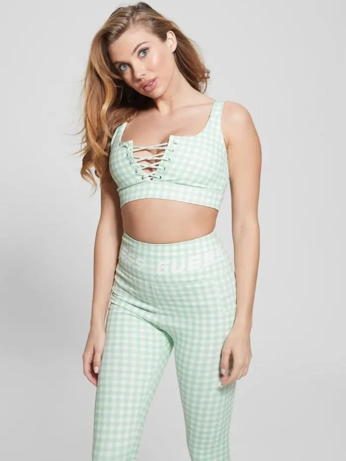 Women GUESS Tops Eco Davin Printed Active Bra Aqua And White Vichy
